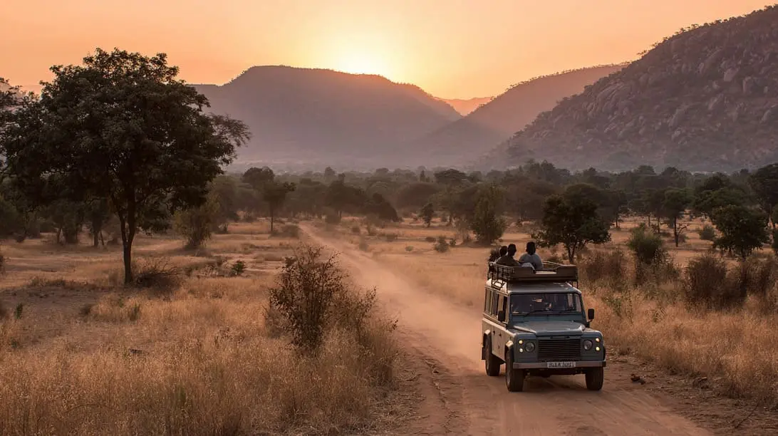 A safari vehicle drives down a dusty dirt road at sunset, surrounded by dry grass, scattered trees, and distant hills.
