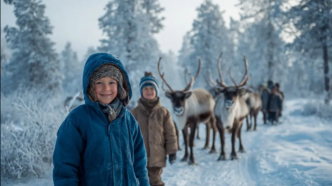 Two children dressed in winter clothing stand in a snowy landscape with a group of reindeer and people in the background.
