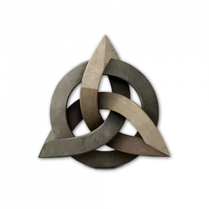 A three-dimensional metallic triquetra knot with intertwined bands in different shades of gray and bronze set against a transparent background.