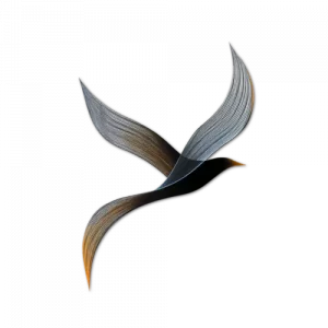 Abstract digital artwork of two curved, ribbon-like shapes intersecting, with gradients of gray, blue, and orange on a transparent background.