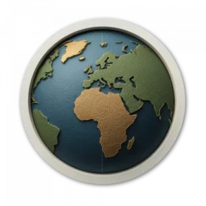 A 3D-rendered globe showing Africa, Europe, and parts of Asia and the Middle East, with a circular beige frame around the Earth.